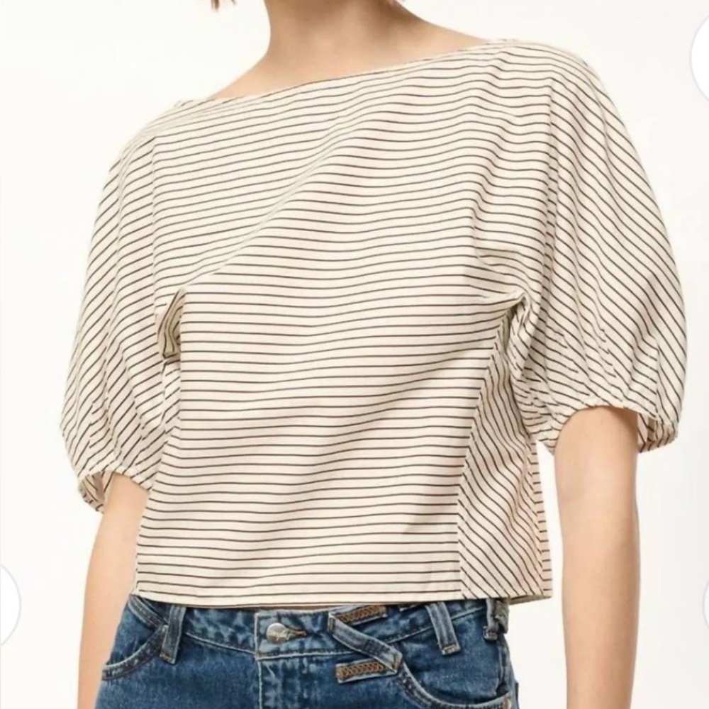 STAUD DIDI Short sleeve top Ivory/Dark oak micro stripe size Large NWT